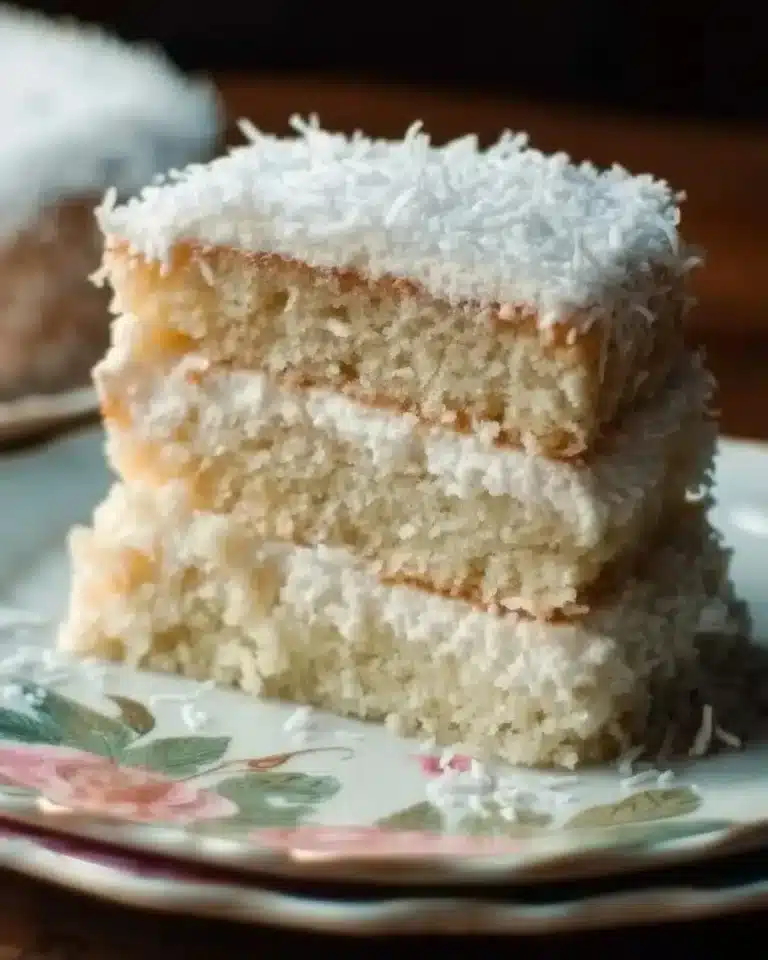 Classic Coconut Cake topped with creamy coconut frosting and shredded coconut.