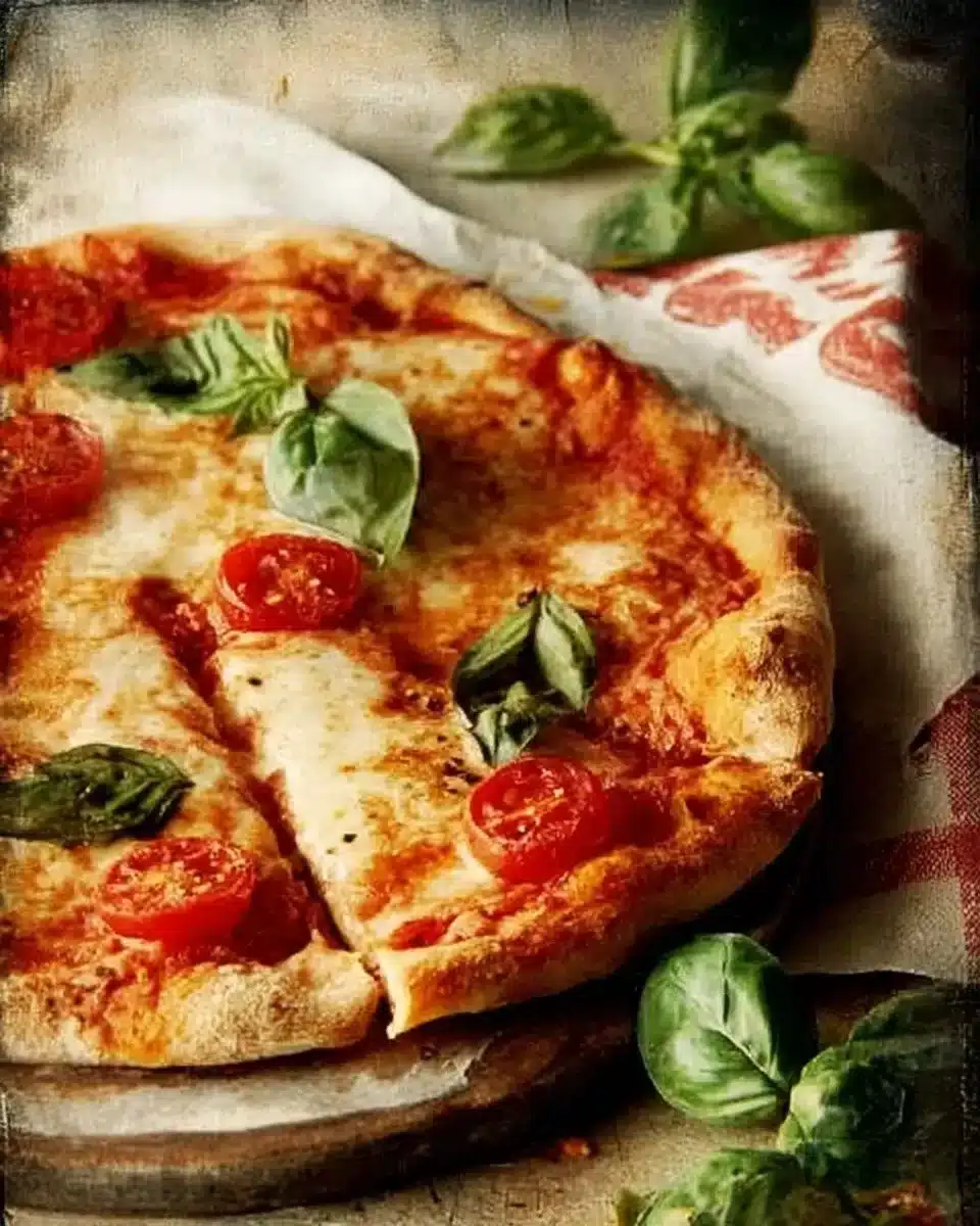 Homemade classic Neapolitan Margherita pizza with fresh basil and mozzarella