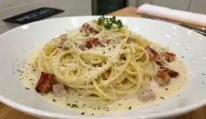 Plate of creamy spaghetti carbonara with cheese and pancetta