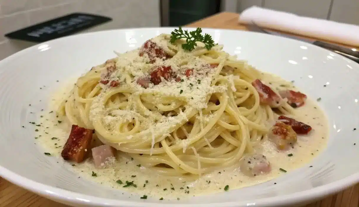 Plate of creamy spaghetti carbonara with cheese and pancetta
