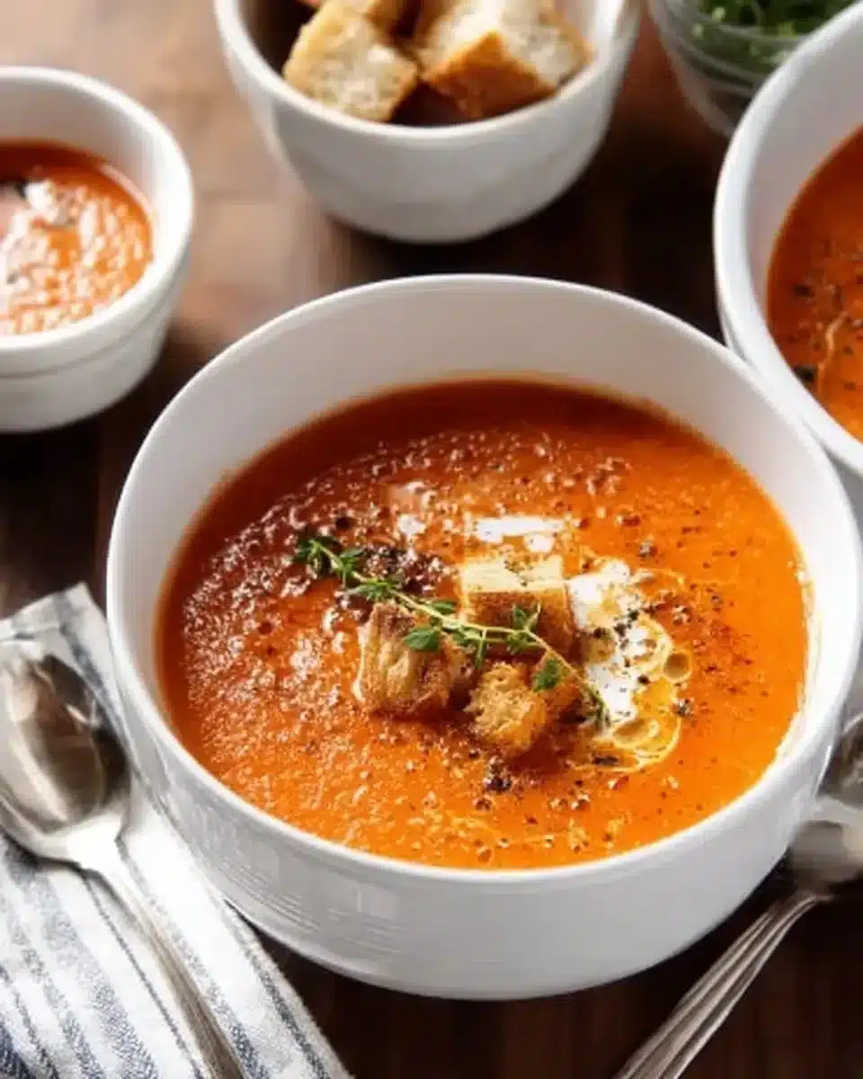 Bowl of creamy tomato soup garnished with fresh basil and croutons