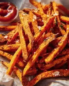 Crispy oven-baked sweet potato fries served in a bowl