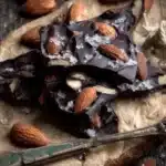 Delicious dark chocolate almond bark with crunchy almonds and a glossy finish.