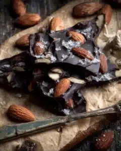 Delicious dark chocolate almond bark with crunchy almonds and a glossy finish.