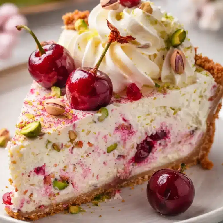 Delicious Lemon-Lime Cherry Pistachio Cheesecake with vibrant layers and whipped cream topping.