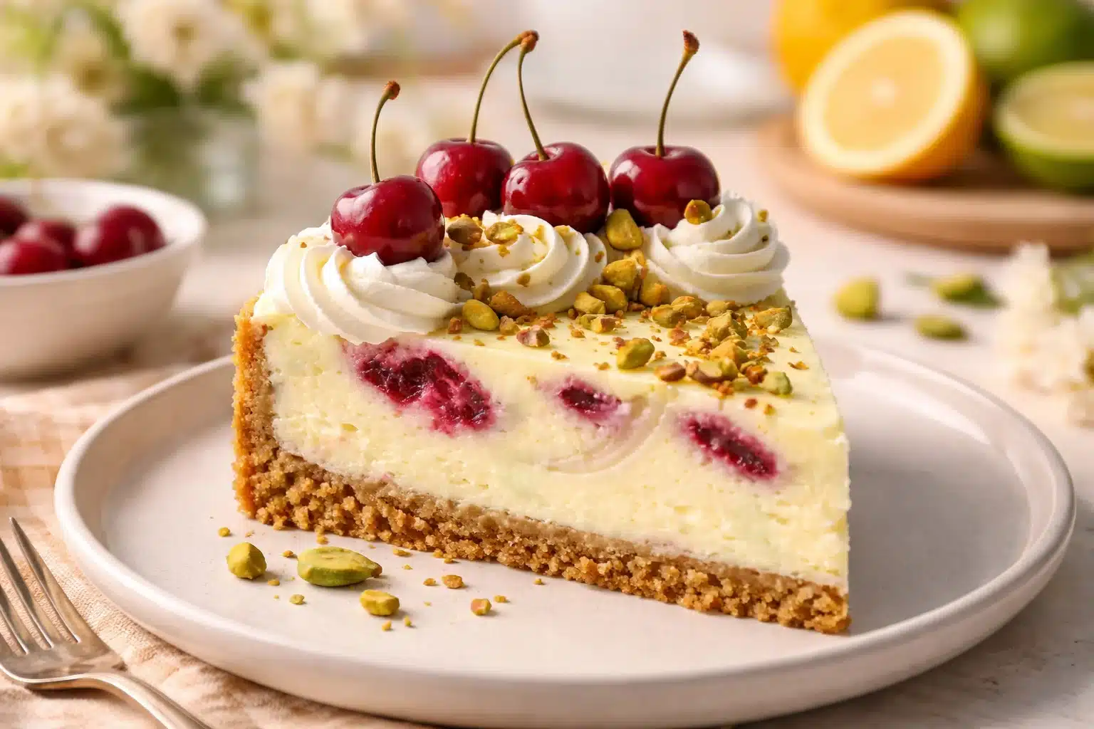 Delightful Lemon-Lime Cherry Pistachio Cheesecake Recipe to Try! 2 Lemon-Lime Cherry Pistachio Cheesecake Recipe