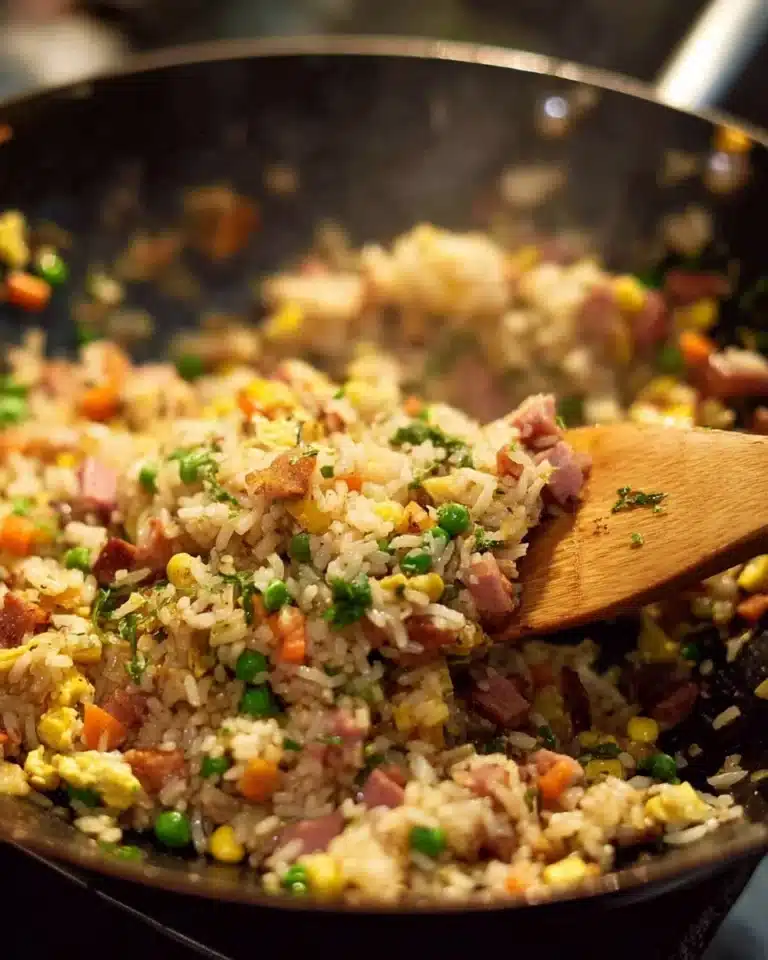 Plate of flavorful fried rice with vegetables and protein
