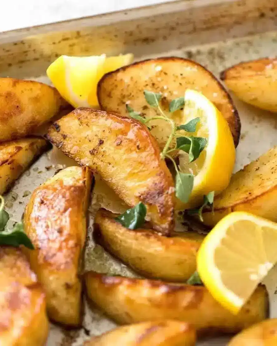 Bowl of classic Greek Lemon Potatoes, roasted with garlic and herbs