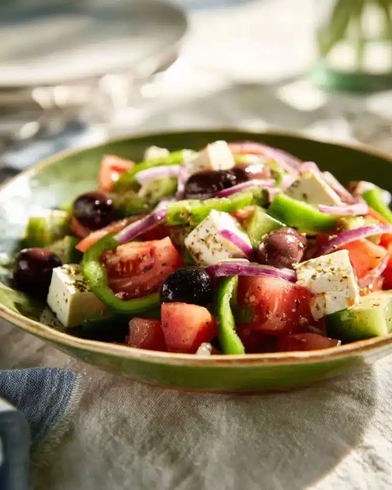 Fresh Greek Salad topped with homemade dressing and vibrant vegetables
