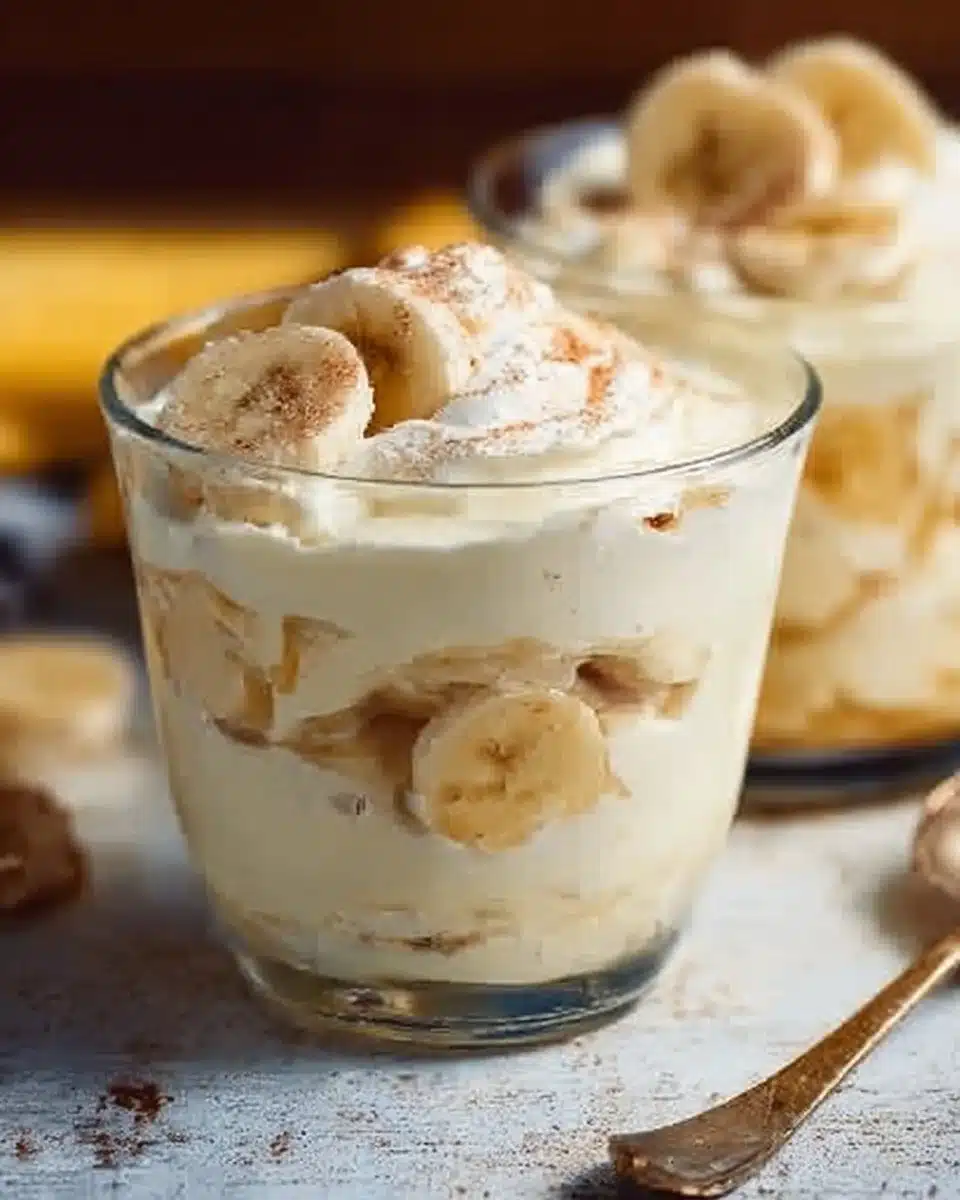 High Protein Banana Pudding topped with fresh bananas and whipped cream