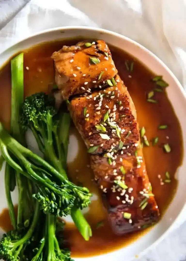 Honey Garlic Salmon dish served on a plate with garnishes