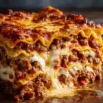 Delicious indulgent lasagna with layers of cheese and meat in a casserole dish