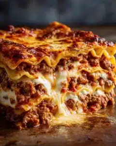 Delicious indulgent lasagna with layers of cheese and meat in a casserole dish