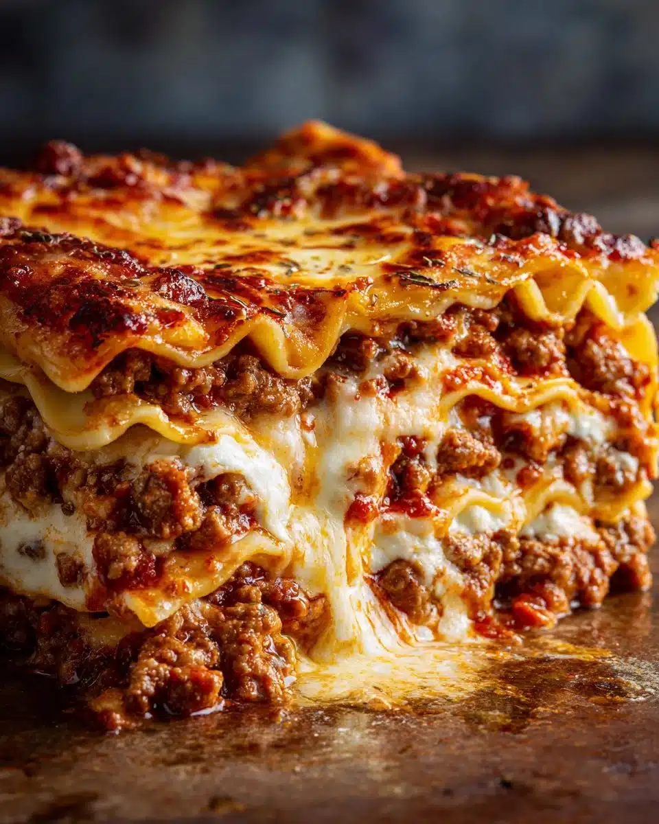 Delicious indulgent lasagna with layers of cheese and meat in a casserole dish