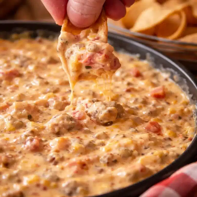 Sausage cheese dip in a bowl surrounded by tortilla chips, perfect for sharing.