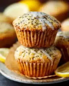 Lemon Poppy Seed Muffins 4 Freshly baked lemon poppy seed muffins on a wooden table