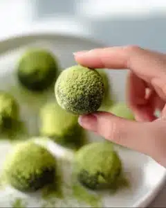 Delicious matcha balls made with green tea powder, ideal for snacks or desserts.