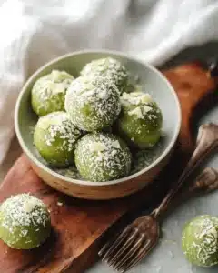 Matcha Coconut Balls 5 Homemade matcha coconut balls on a plate, showcasing their vibrant green color.