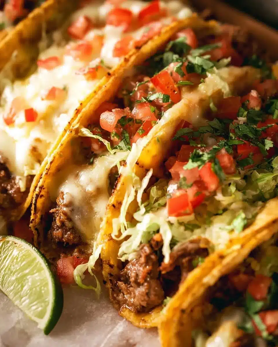 Homemade old school beef tacos with fresh toppings and warm tortillas