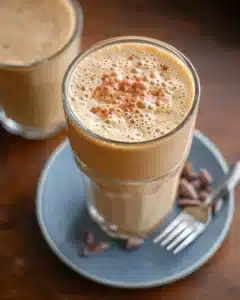 Delicious Peanut Butter Coffee Smoothie topped with whipped cream and coffee beans.