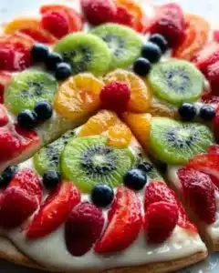 A colorful, delicious fruit pizza topped with fresh fruits and creamy frosting.