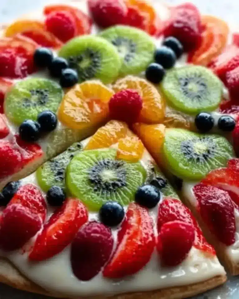 A colorful, delicious fruit pizza topped with fresh fruits and creamy frosting.