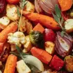 A colorful platter of perfectly roasted vegetables including carrots, bell peppers, and zucchini.