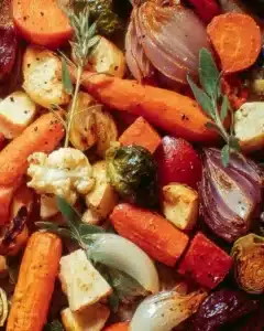 A colorful platter of perfectly roasted vegetables including carrots, bell peppers, and zucchini.
