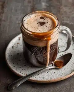 Protein Coffee 3 A cup of protein coffee with a scoop of protein powder beside it.