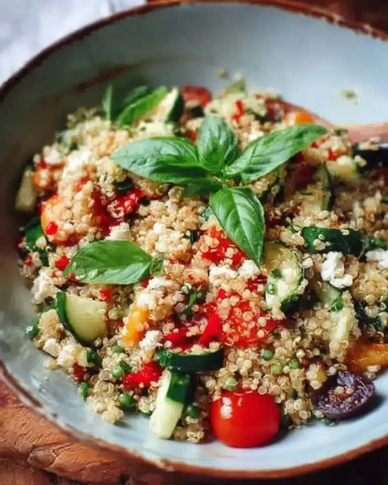 Bright and healthy quinoa salad featuring fresh vegetables and herbs