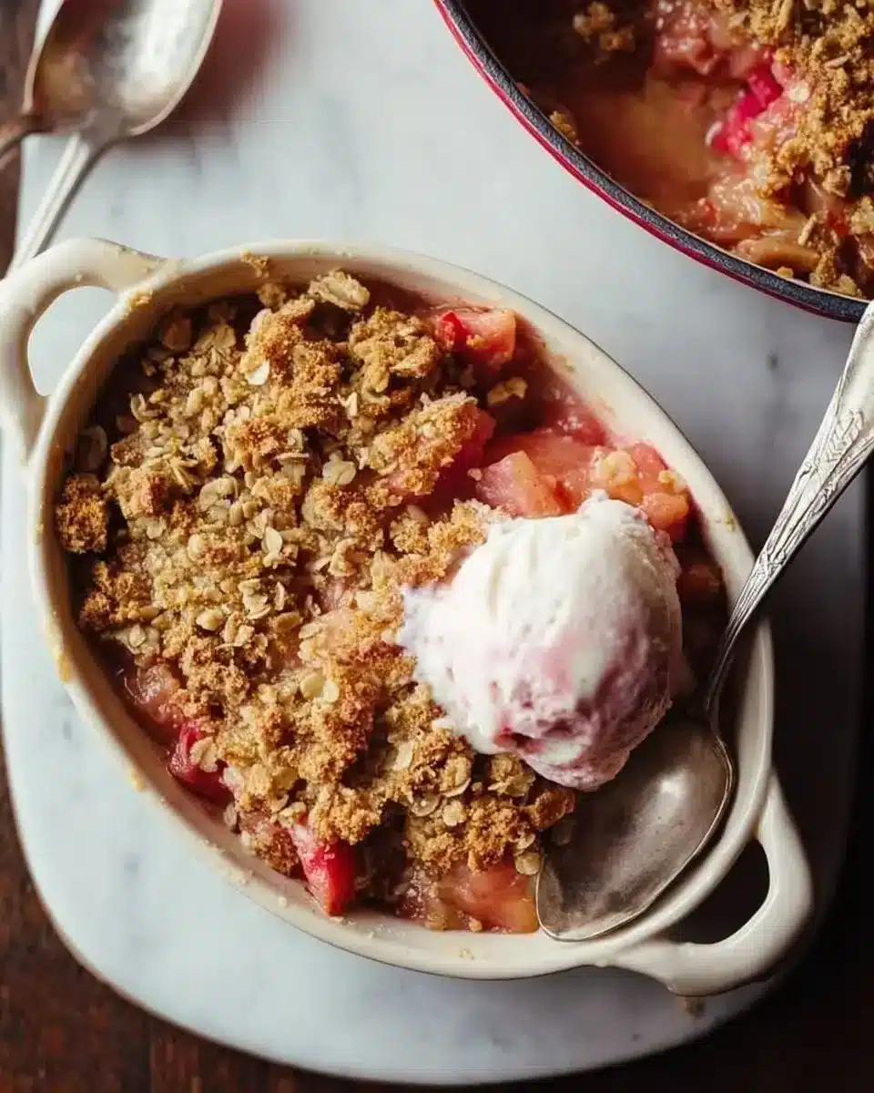Delicious homemade rhubarb crisp dessert topped with a golden crumble.
