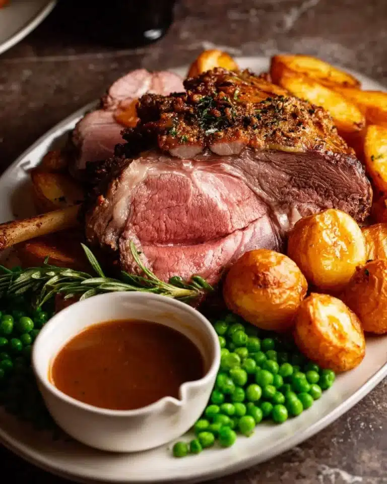 Roast Lamb Leg with Gravy served on a platter