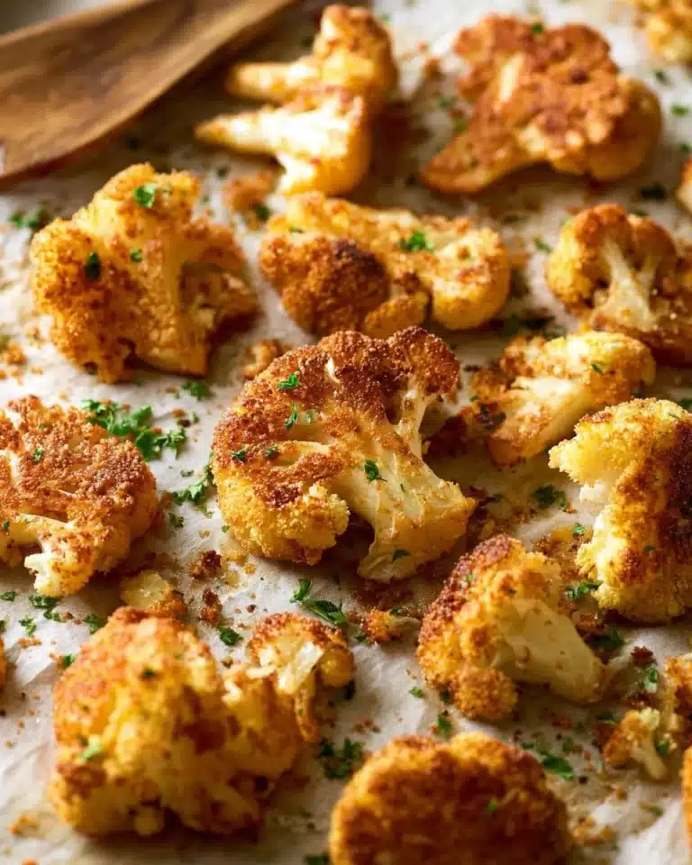 Roasted Parmesan Crusted Cauliflower dish garnished with herbs