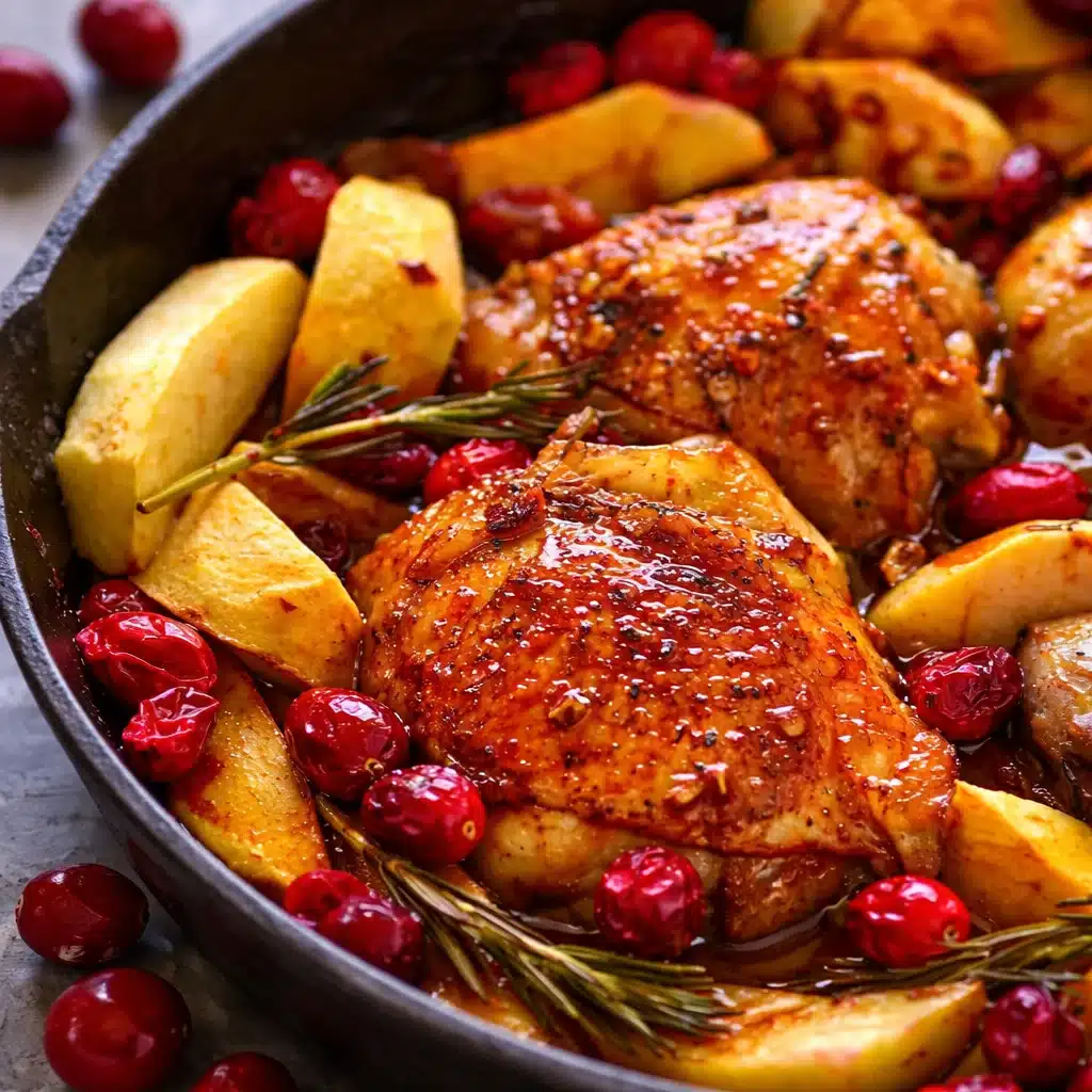 Apple & Cranberry Roasted Chicken garnished with fresh cranberries and apple slices.