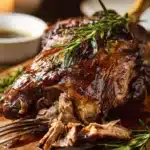 Slow roast leg of lamb with herbs and spices, beautifully plated