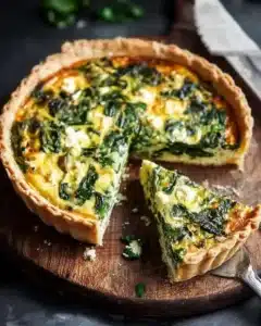 Creamy spinach quiche fresh out of the oven in a 9-inch dish