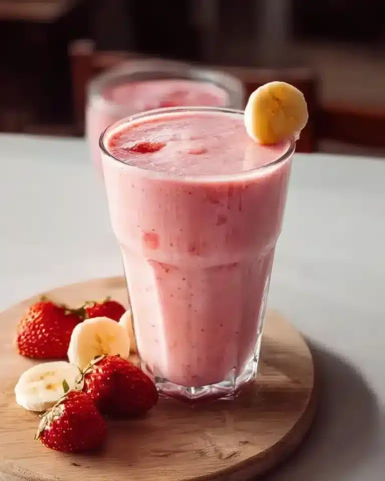 Creamy strawberry banana smoothie in a glass with fresh fruits
