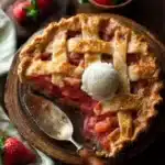 Homemade Strawberry Rhubarb Pie with flaky crust on a wooden table