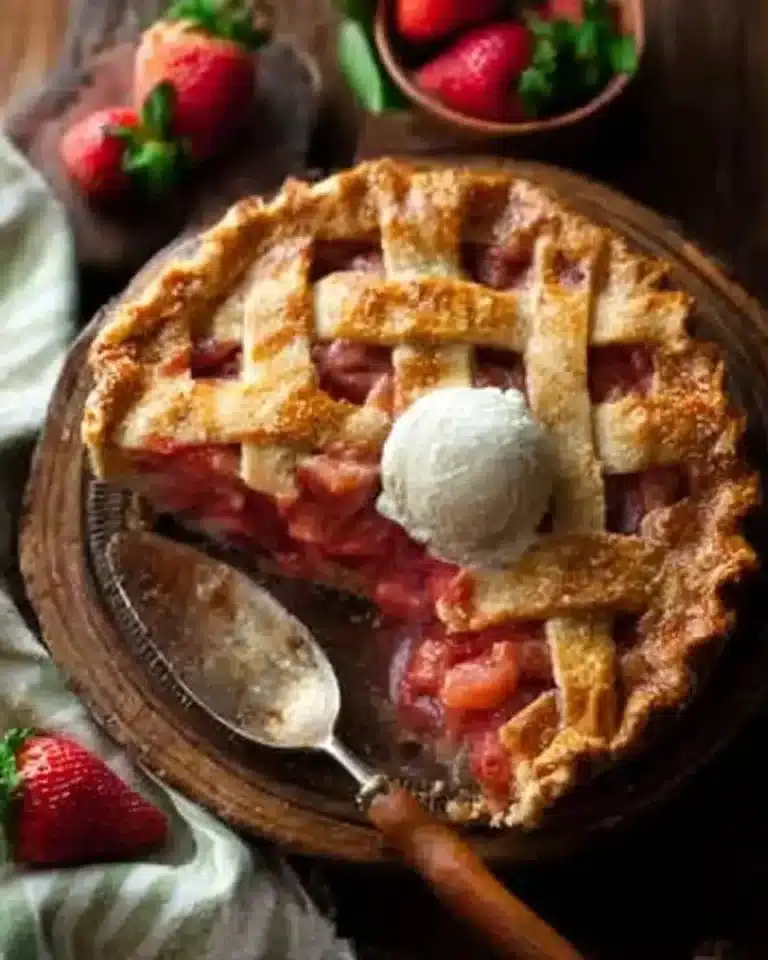 Homemade Strawberry Rhubarb Pie with flaky crust on a wooden table