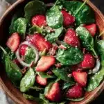 Delicious strawberry spinach salad with fresh strawberries and greens