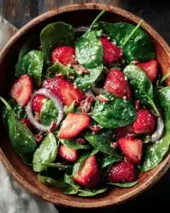 Delicious strawberry spinach salad with fresh strawberries and greens