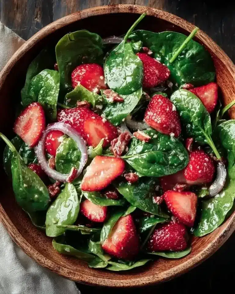 Delicious strawberry spinach salad with fresh strawberries and greens