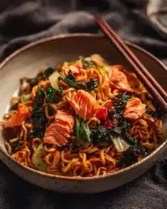 Teriyaki salmon served over a bed of noodles with vibrant vegetables.