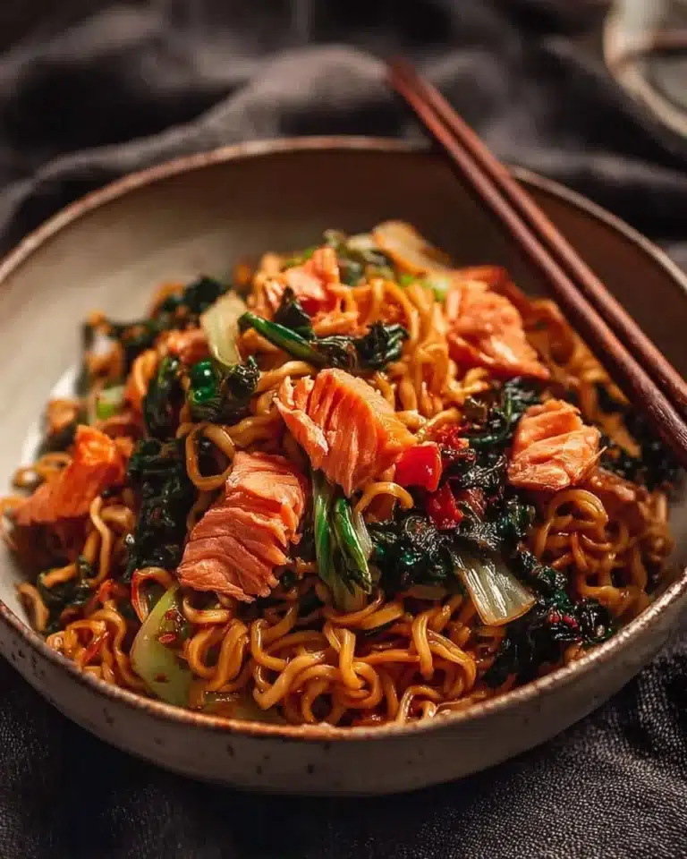 Teriyaki salmon served over a bed of noodles with vibrant vegetables.