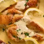 Zesty pan-roasted chicken served with creamy lemon sauce on a plate.