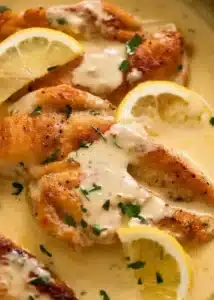 Zesty pan-roasted chicken served with creamy lemon sauce on a plate.