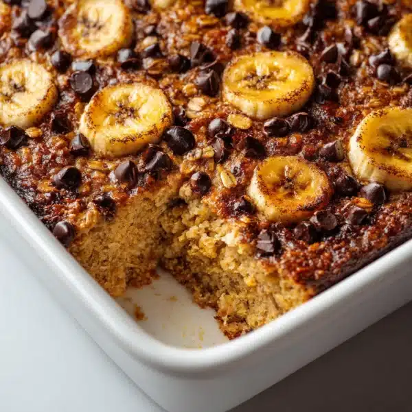 banana chocolate chip baked oatmeal hero shot 45 degree angle on bright table
