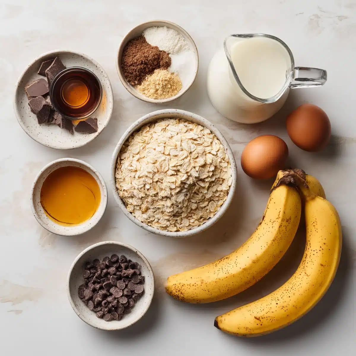 Banana chocolate chip baked oatmeal ingredients flat lay with rolled oats, ripe bananas, eggs, maple syrup
