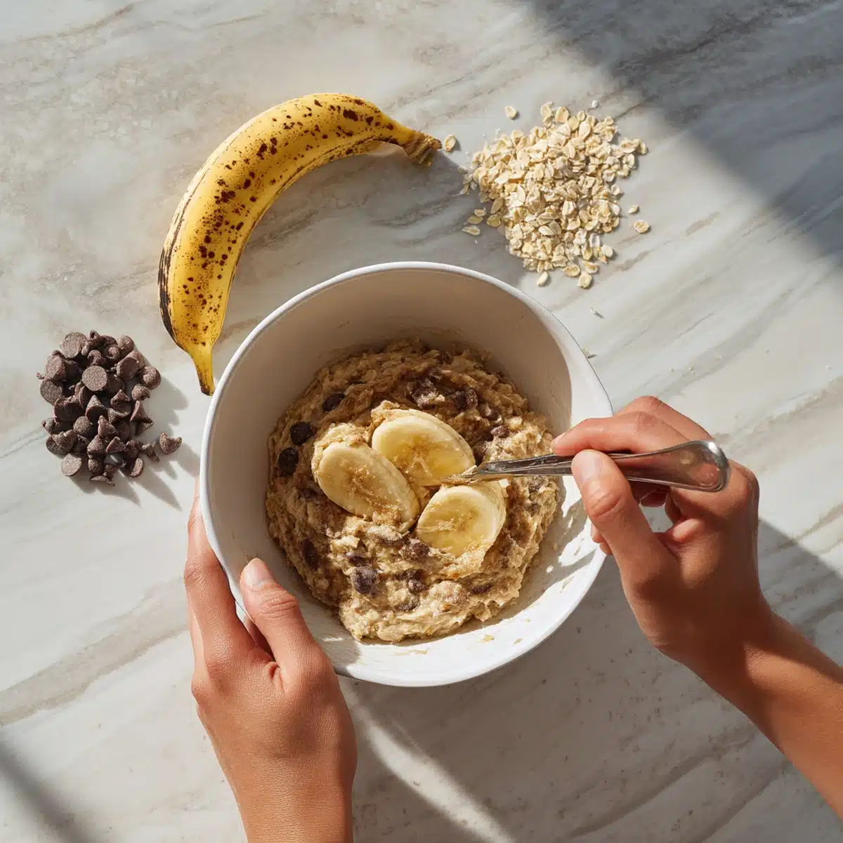 Hands mashing ripe bananas for banana chocolate chip baked oatmeal preparation