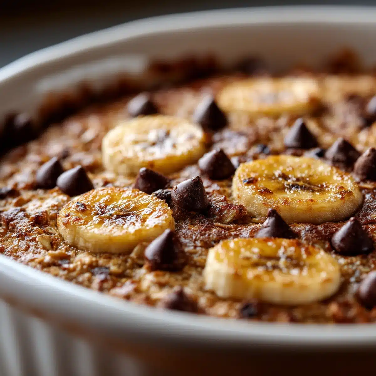 Banana chocolate chip baked oatmeal bubbling in oven with golden top